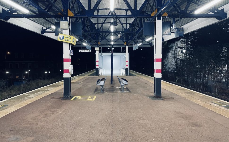 A Photo of Morden train station on a cold winter night, The platform is completely empty. Credit: Joshua Brown