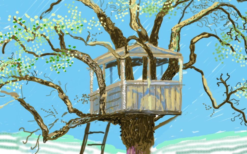 Digital Hockney painting of treehouse in Normandy with bright blue sky
