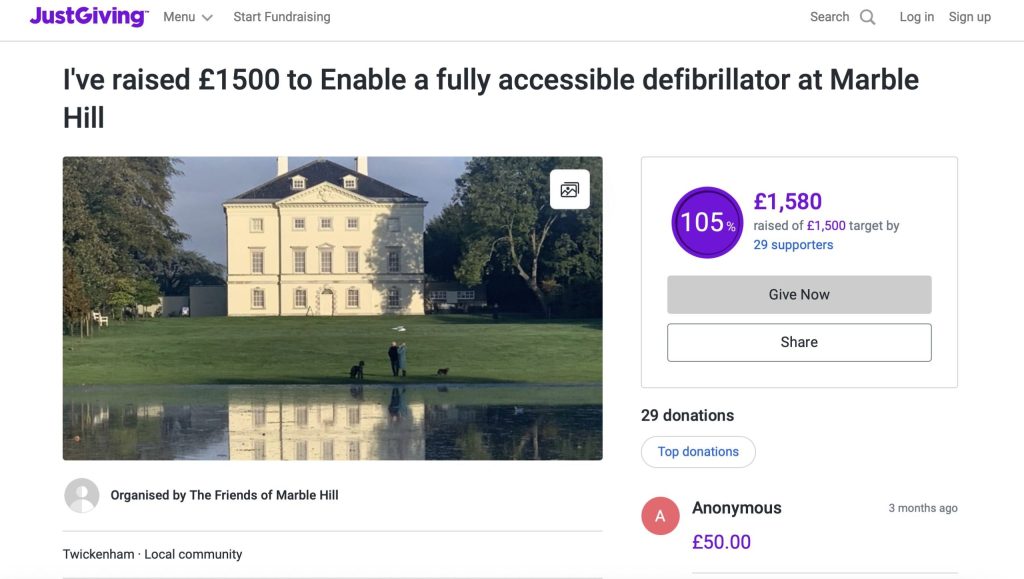 Image of the Just Giving page, showing £1,580 raised towards Marble Hill defibrillator.