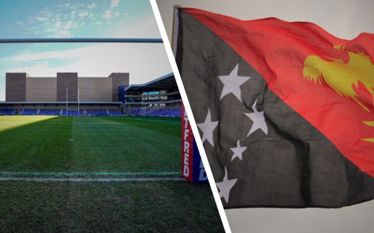 This is a picture of the Cherry Red Records Stadium, where London Broncos play, and the Papua New Guinea flag.