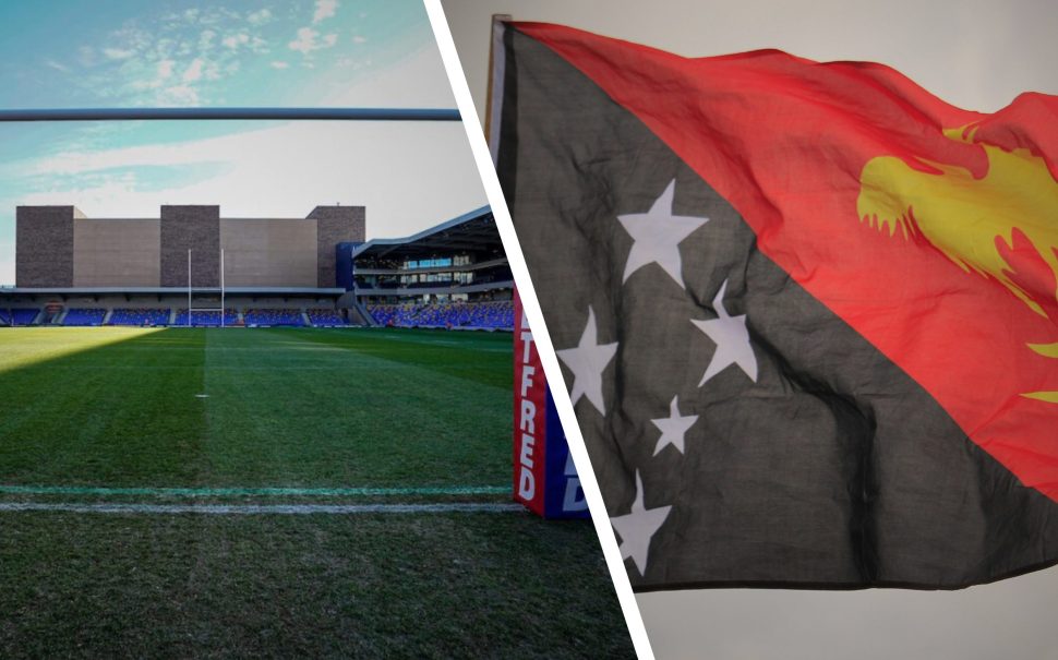 This is a picture of the Cherry Red Records Stadium, where London Broncos play, and the Papua New Guinea flag.