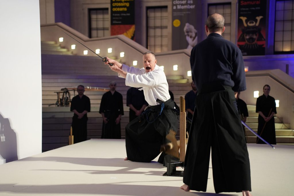 John Evans performs Samurai exhibition at the British Museum, London.