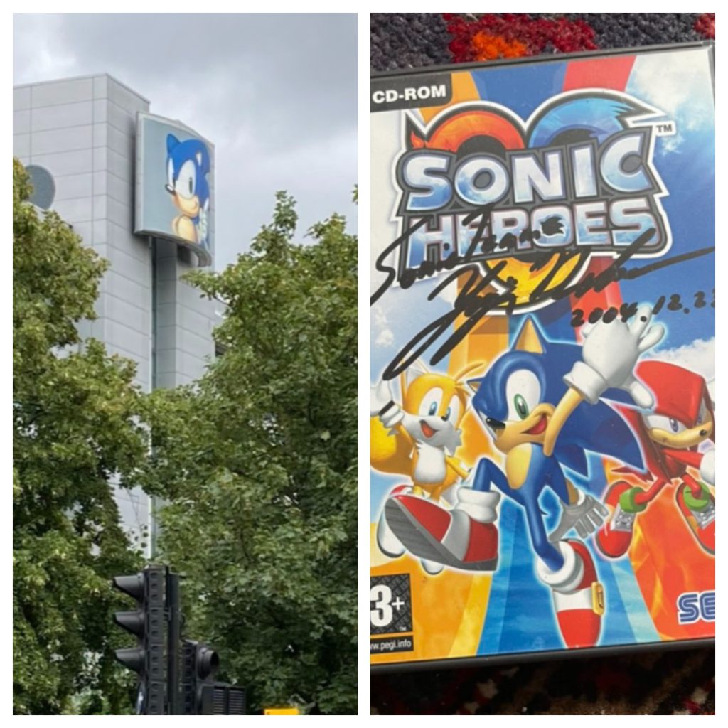 A photo of Sega's old London offices, along with a signed copy of 'Sonic Heroes' still in Khan's possession.