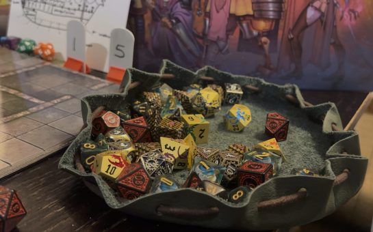 Colourful 20 sided dice in a green fabric dice tray