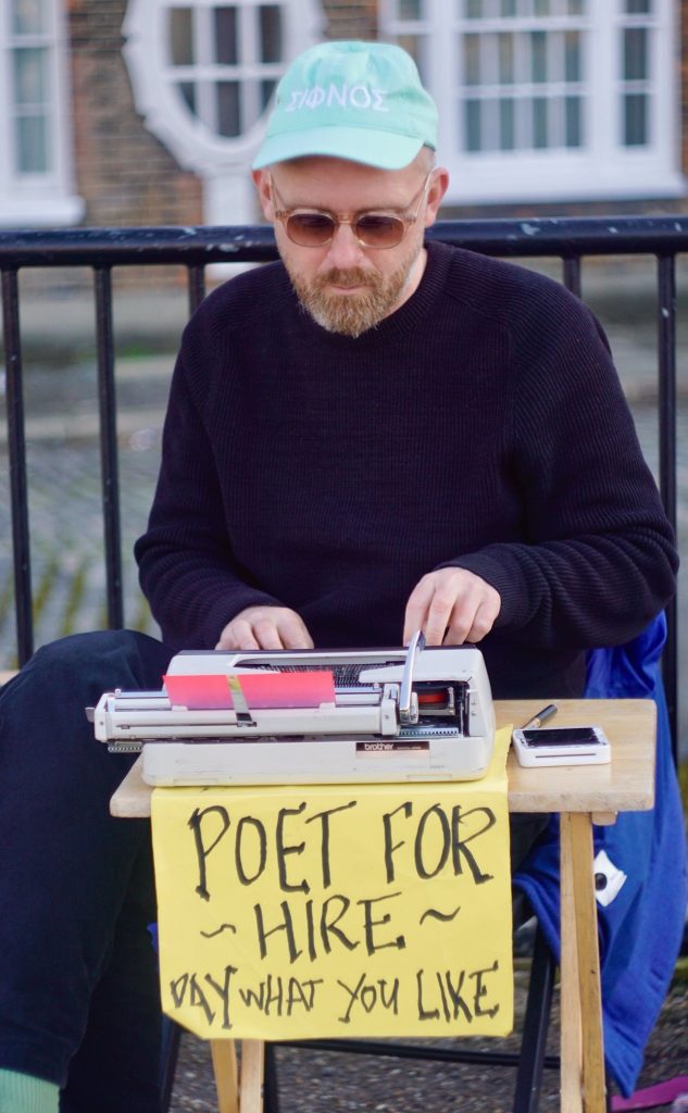 POET FOR HIRE: Luke’s regular spot outside Shakespeare's Globe Theatre. Image credit: Louis Greaves