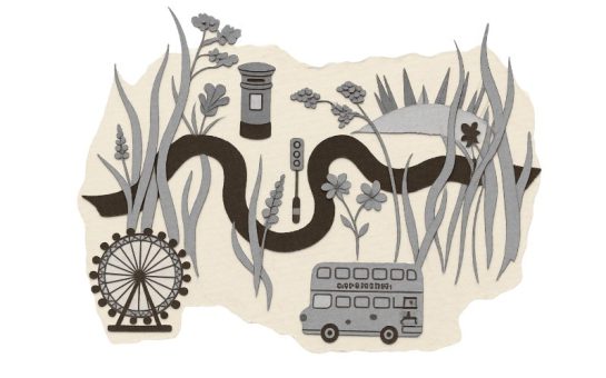 Illustration of River Thames and London landmarks, framed by vegetation.