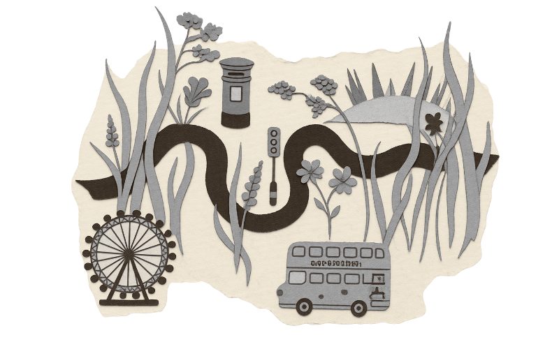 Illustration of River Thames and London landmarks, framed by vegetation.