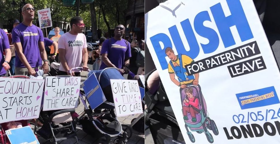 Two combined image - one showing a protest banner entitled 'Push for paternity leave' and the other showing a row of fathers with prams and protest signs.