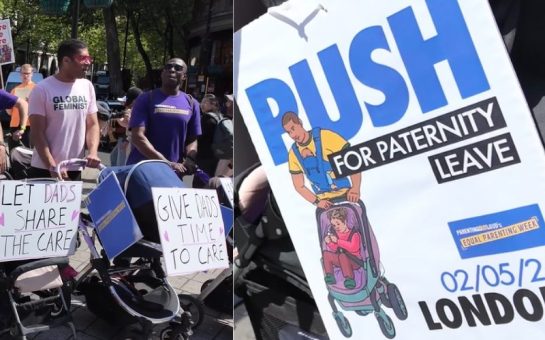 Two combined image - one showing a protest banner entitled 'Push for paternity leave' and the other showing a row of fathers with prams and protest signs.