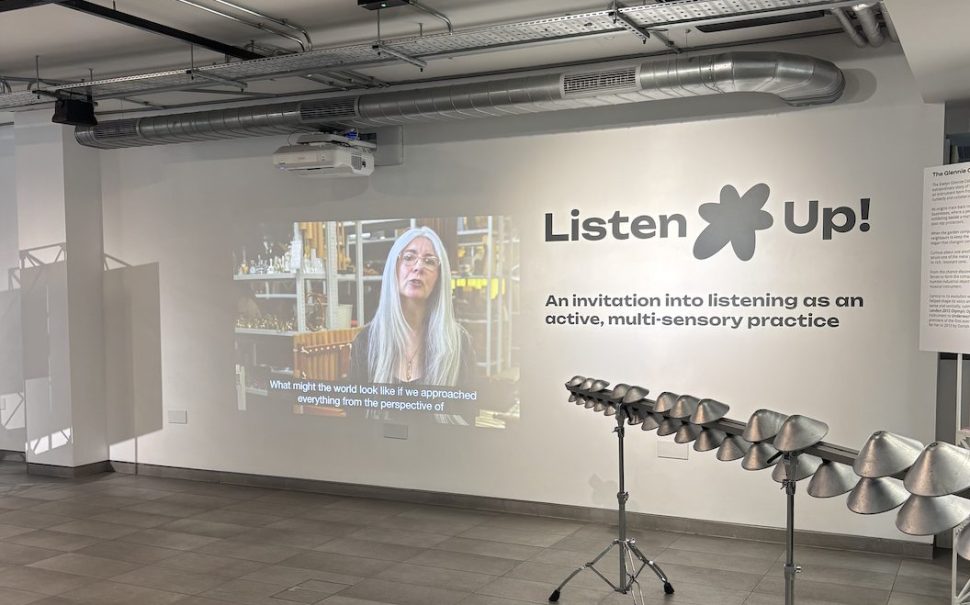 Exhibition with instrument and projected video of Dame Evelyn Glennie