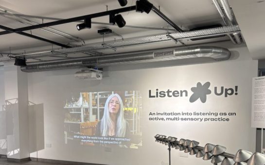 Exhibition with instrument and projected video of Dame Evelyn Glennie
