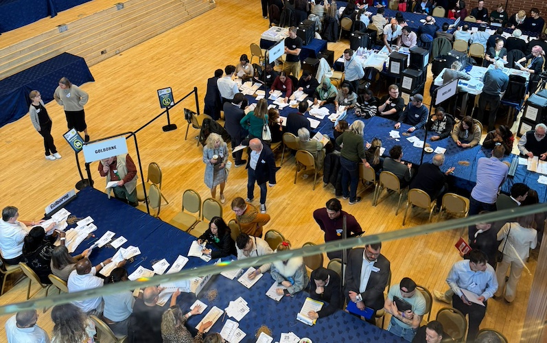 overhead view of election counters sorting ballot papers