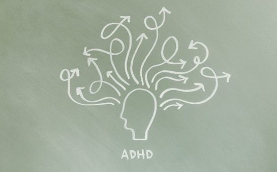 A cartoon line drawing of a mind with lots of arrow around it labelled 'SDHD'
