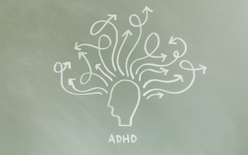 A cartoon line drawing of a mind with lots of arrow around it labelled 'SDHD'
