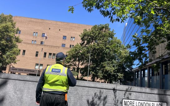 A security guard outside Crown Court Southwark.