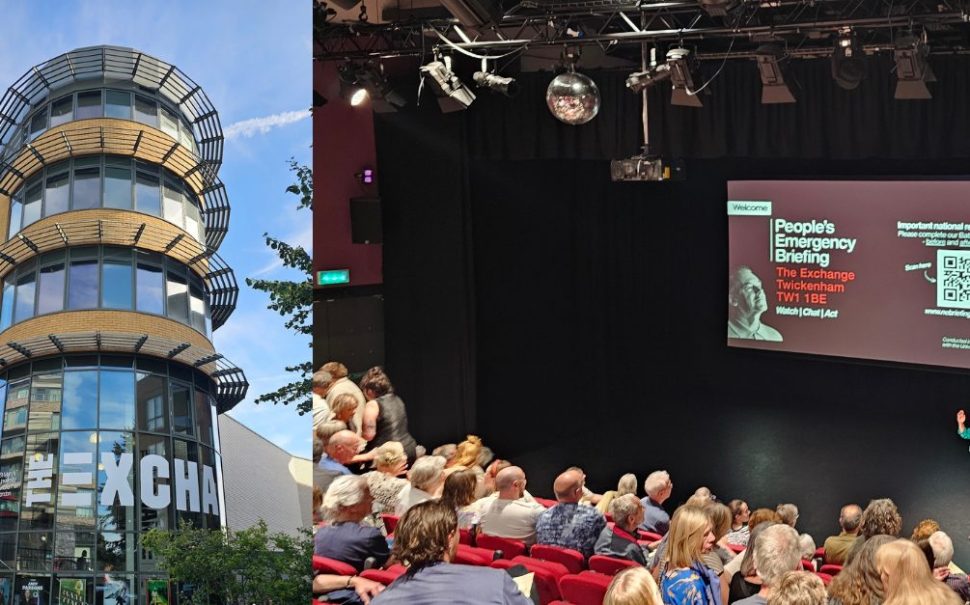 Image shows a packed cinema audience on the right hand side, in front of a facilitator and a screen with a QR code, a person's face and the term 'People's Emergency Briefing', on the left, there is a portrait image of the The Exchange in Twickenham.