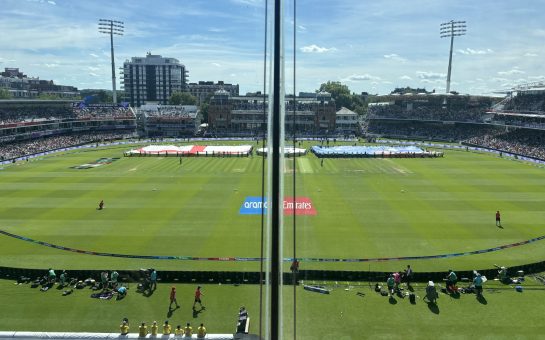 View of Lord's ahead of the ICC Women's T20 World Cup 2026 final, with the flags of England and Australia on display. The skies are clear and the grass is beautifully green.