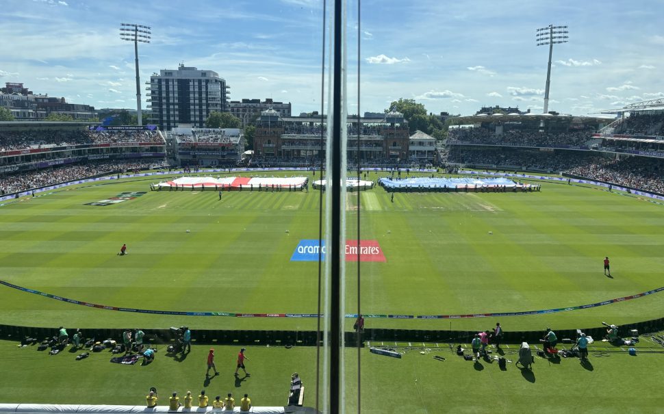 View of Lord's ahead of the ICC Women's T20 World Cup 2026 final, with the flags of England and Australia on display. The skies are clear and the grass is beautifully green.