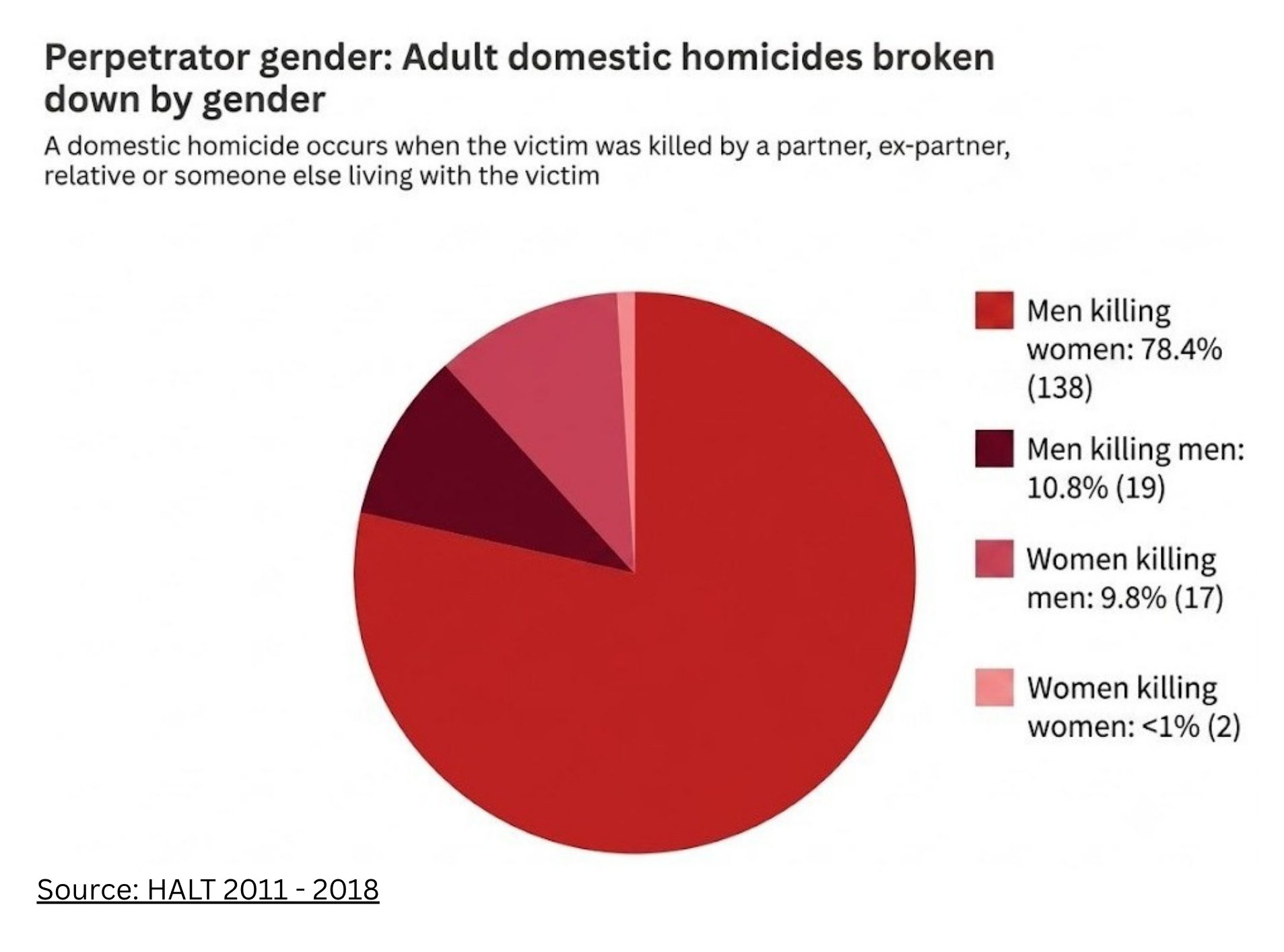 A piece chart showing the majority of fatal domestic homicides are perpetrated by men.