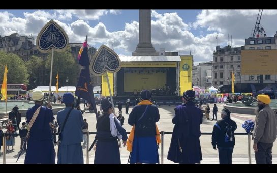 Sikh community members in traditional dress at Vaisakhi on the Square Trafalgar Square London April 2026
