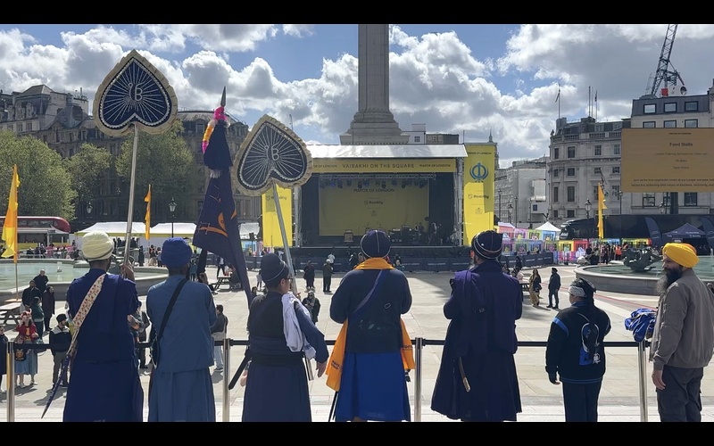 Sikh community members in traditional dress at Vaisakhi on the Square Trafalgar Square London April 2026