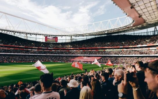 Photo from the crowd of Emirates Stadium, looking out to the pitch.