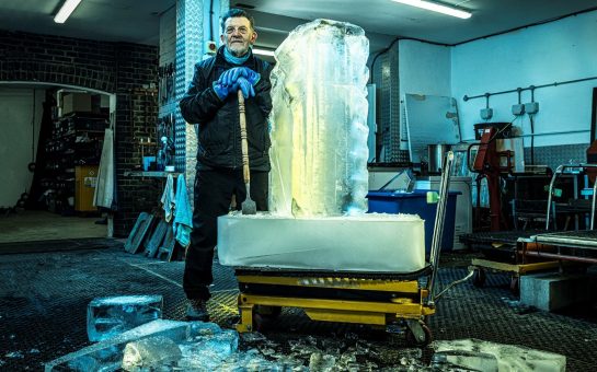 Duncan Hamilton with an ice sculpture