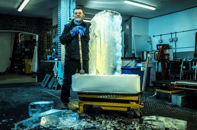 Duncan Hamilton with an ice sculpture