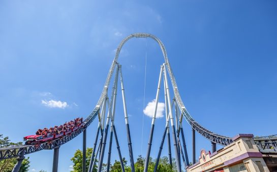 A shot looking up at the height of Stealth's tallest curve.