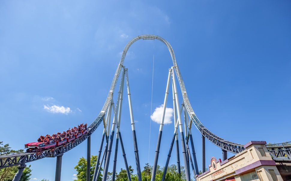 A shot looking up at the height of Stealth's tallest curve.