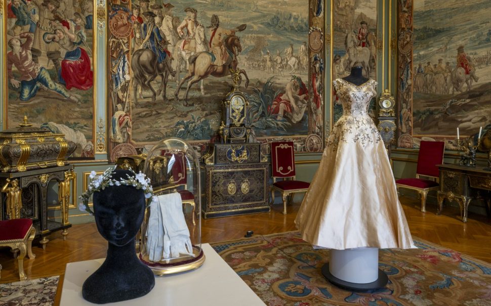 The room where Lady Rosemary's gown is being displayed, alongside the gloves and tiara worn.