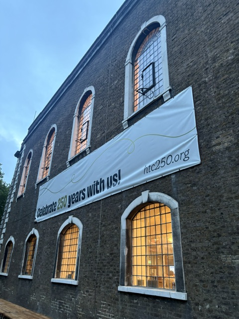 A sign on the church says 'Celebrate 250 years with us!'