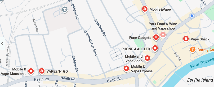 A map plotting the eight vape shops in Twickenham centre, demonstrating their close proximity.