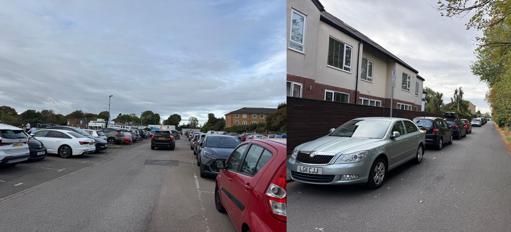 Left image: YMCA car park full on a Saturday morning. Right image: spillover cars occupying residential parking spaces.