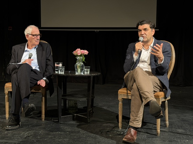 Adam Raphael and Gordon Corera on stage.
