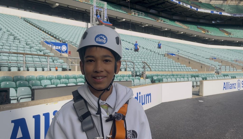 13-year-old Sameer is thrilled after completing the zipline challenge across Twickenham Stadium.