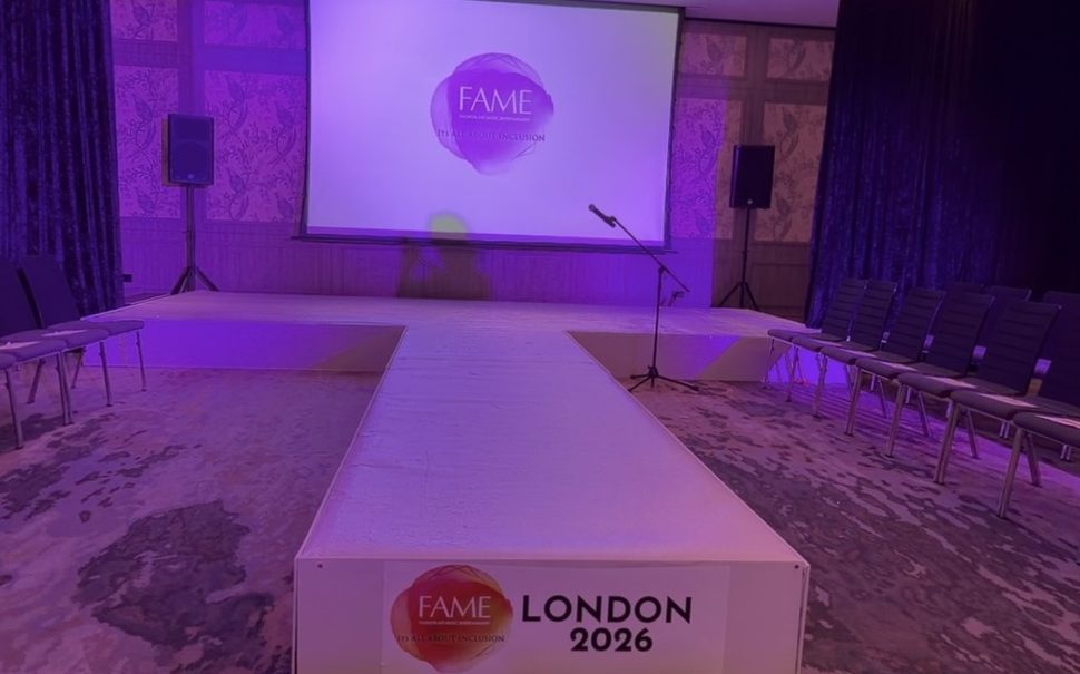The FAME stage, with the thrust layout shown, before the audience took its seats.