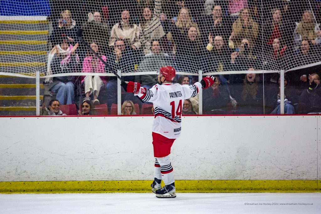 Streatham Redhawks player/head coach Ben Paynter celebrating his goal against the Romford Buccaneers