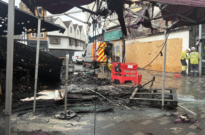 Battered and burnt remains of Kingston Market